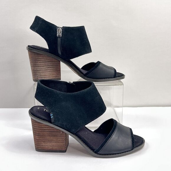 TOMS Shoes Womens Size 7 Black Block Heel Sandals Suede Leather Open Toe Zip - Picture 2 of 13